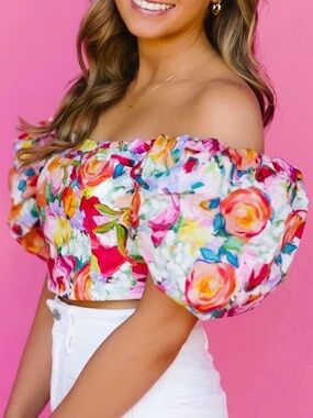 Floral Off-Shoulder Puff Sleeve Crop Top - Pink Multicolor